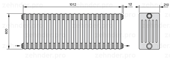 Схема (чертеж) Радиатор Zehnder Charleston 6060/22 №2670 Белый глянцевый RAL 9016